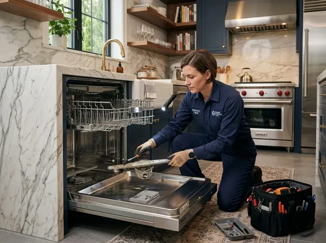Appliance Repair Hero technician servicing a built-in dishwasher in a Bloomingburg, NY kitchen