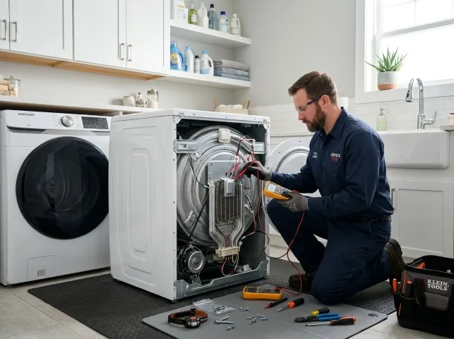 Appliance Repair Hero technician checking a dryer heating element with the rear panel off in Bloomingburg, NY