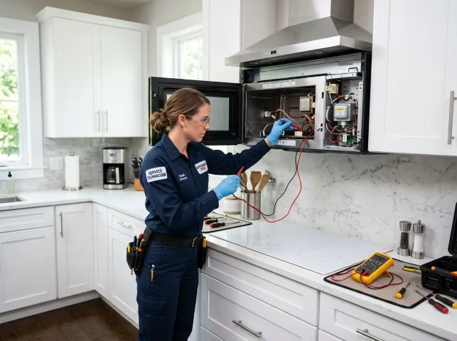 Appliance Repair Hero technician testing an over-the-range microwave in a Bloomingburg, NY kitchen