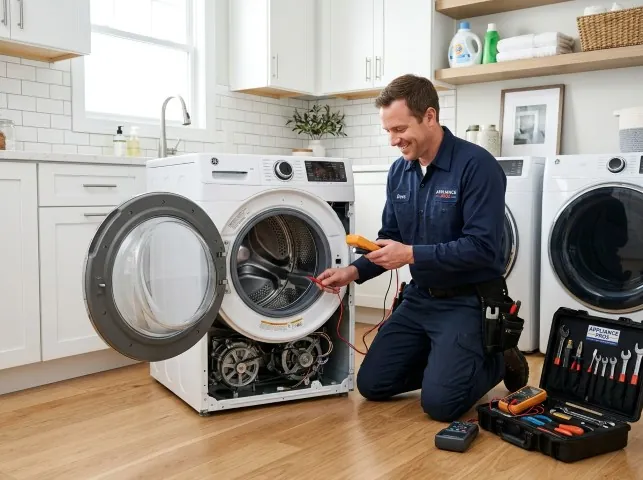 Appliance Repair Hero technician testing a front-load washer with a multimeter on a Bloomingburg, NY service call